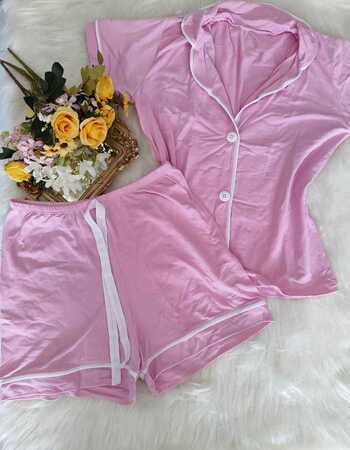 imagem PIJAMA AMERICANO SUED COM GOLA E BOLSO ROSE COM BRANCO A44