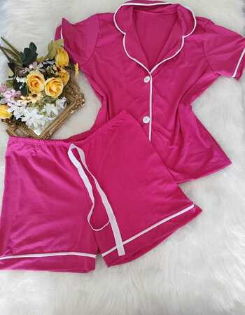 imagem PIJAMA AMERICANO SUED COM GOLA E BOLSO PINK COM BRANCO A44