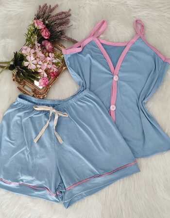 imagem PIJAMA AMERICANO SUED COM ALÇA 625 AZUL COM ROSA