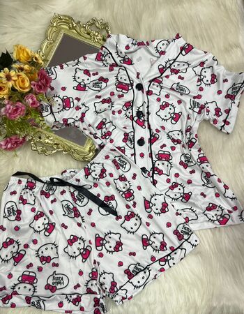 imagem PIJAMA AMERICANO SUED COM MANGA 641 BRANCO ROSA HELLO